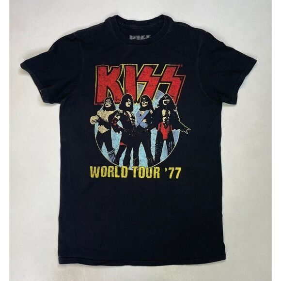 Kiss World Tour 77 Retro Graphic T-shirt Women Small Black Music Short Sleeve - Picture 1 of 5